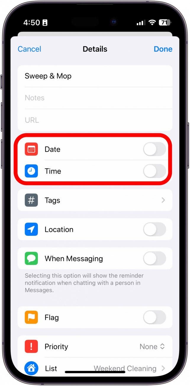détails du rappel de l'iphone avec les bascules de date et d'heure encerclées en rouge