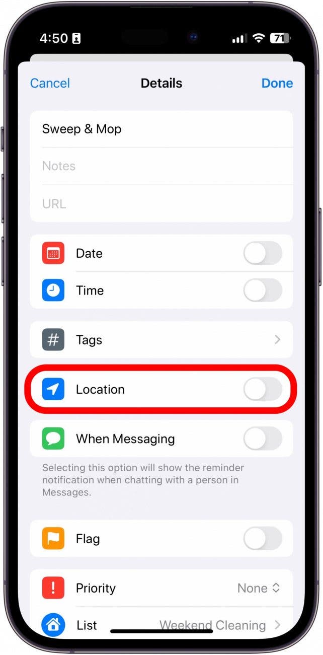 détails du rappel de l'iphone avec bascule de localisation encerclée en rouge