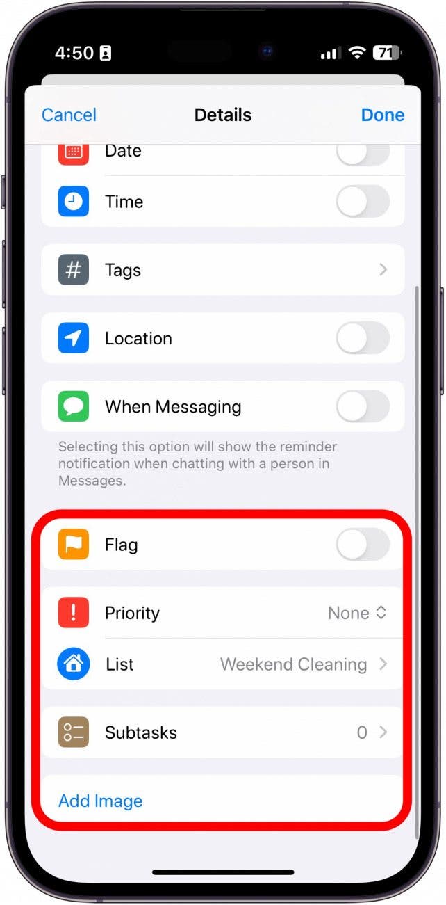 détails du rappel de l'iphone avec les options de basculement de drapeau, de priorité, de liste, de sous-tâche et d'image entourées en rouge