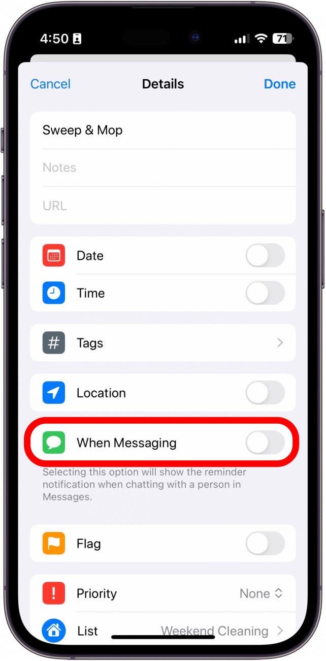 détails du rappel de l'iphone avec basculement de la messagerie encerclé en rouge
