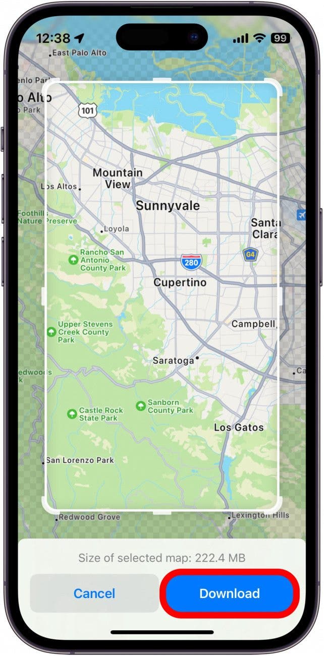 menu de cartes hors ligne apple maps avec bouton de téléchargement entouré en rouge