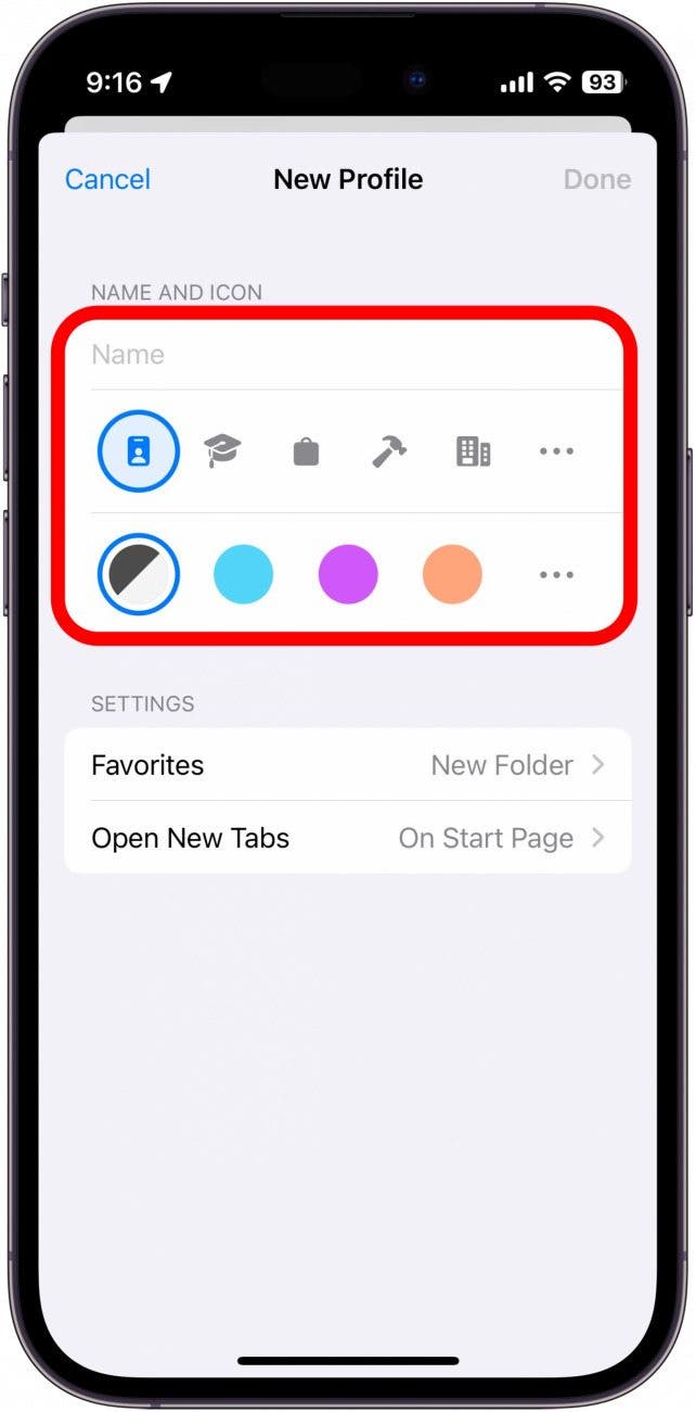 Paramètres du profil Safari avec options de personnalisation entourées en rouge : nom du profil, icône et jeu de couleurs