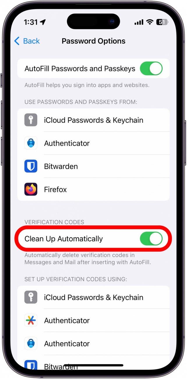 options de mot de passe iPhone avec nettoyage bascule automatiquement le cercle en rouge