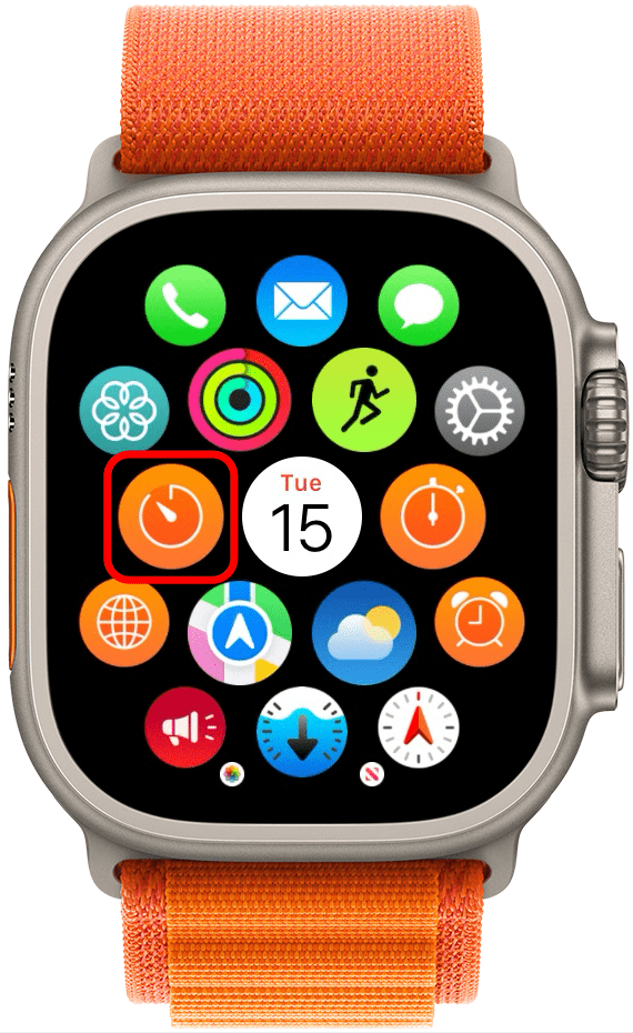 Appuyez sur l'application Minuterie.  Cela ressemble à l’application Apple Watch Stopwatch.