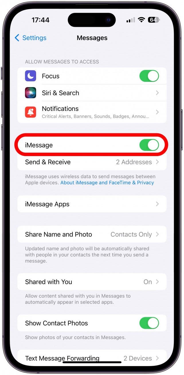 2. Si les photos de votre iPhone ne sont pas envoyées, activez iMessages.