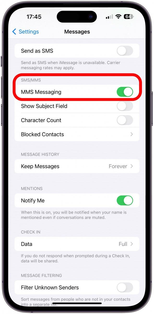 4. Si votre iPhone n'envoie pas de photos à Android, activez MMS.