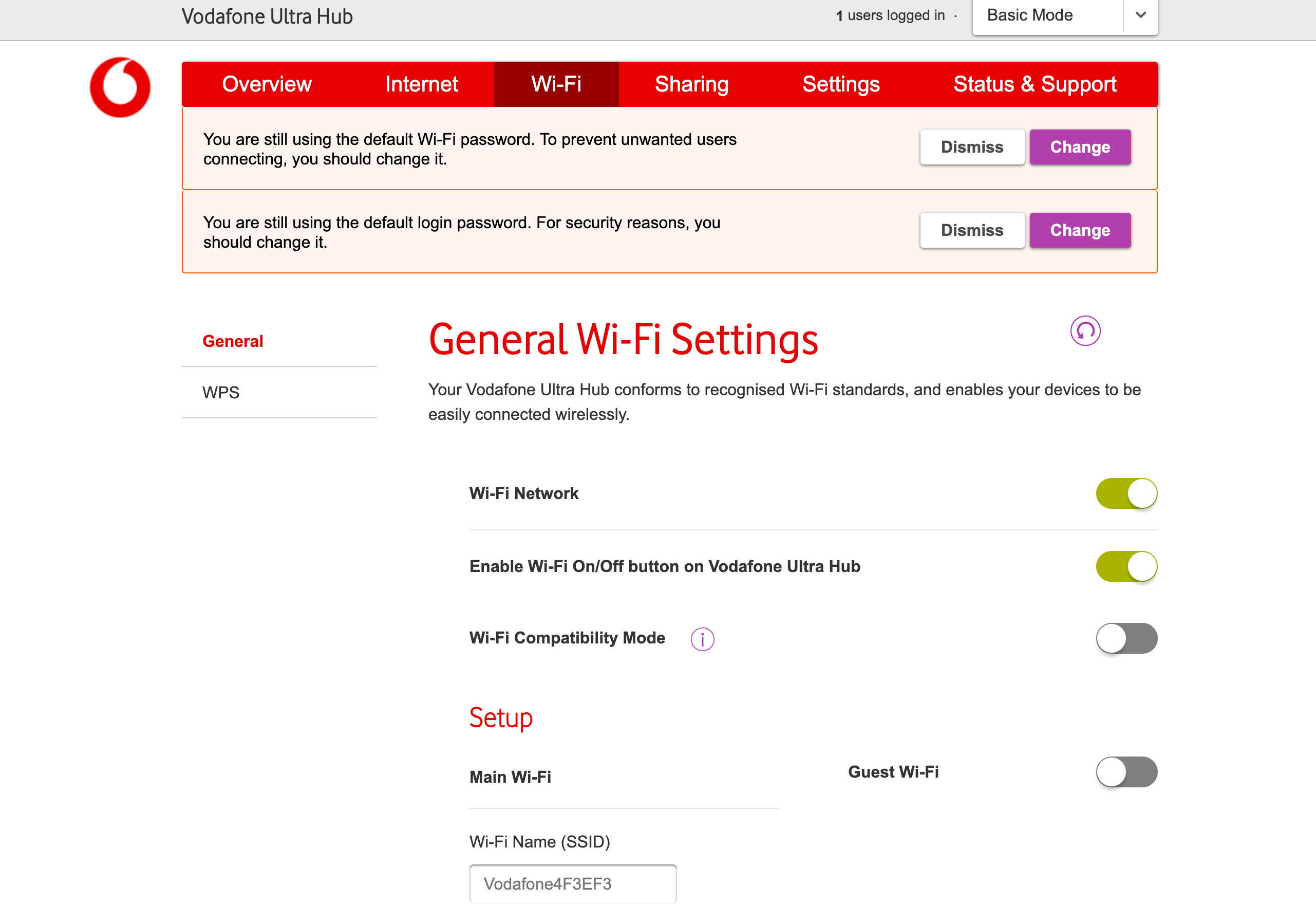 Interface Web du Vodafone Ultra Hub