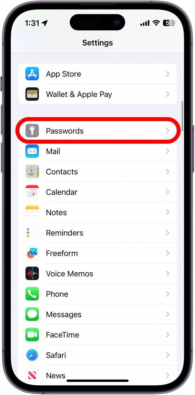 paramètres iphone avec option mots de passe entourés en rouge