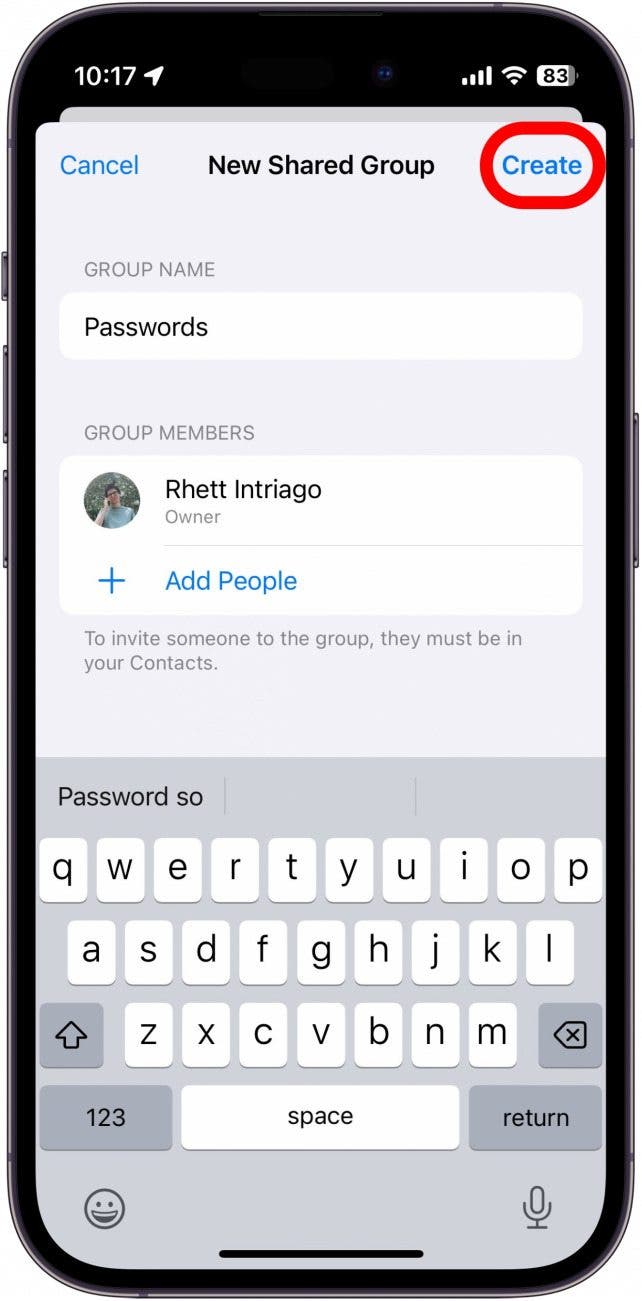 iphone crée un groupe de mots de passe partagés avec le bouton créer entouré en rouge