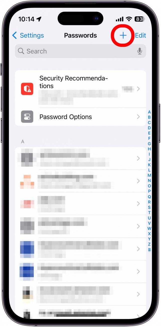 paramètres de mot de passe iPhone avec icône plus entourée en rouge