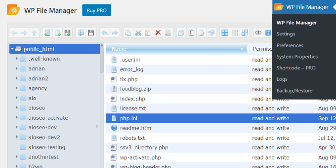 Afficher le fichier php.ini dans le plugin du gestionnaire de fichiers