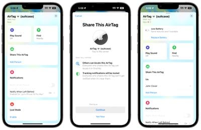 interface de partage airtag ios 17