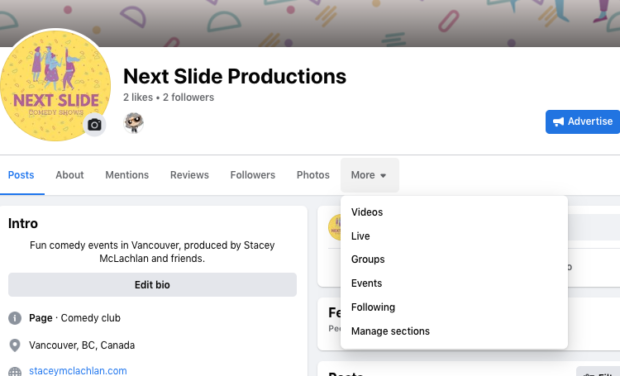 Page Facebook de Next Slide Productions, gérer les paramètres dans le menu déroulant