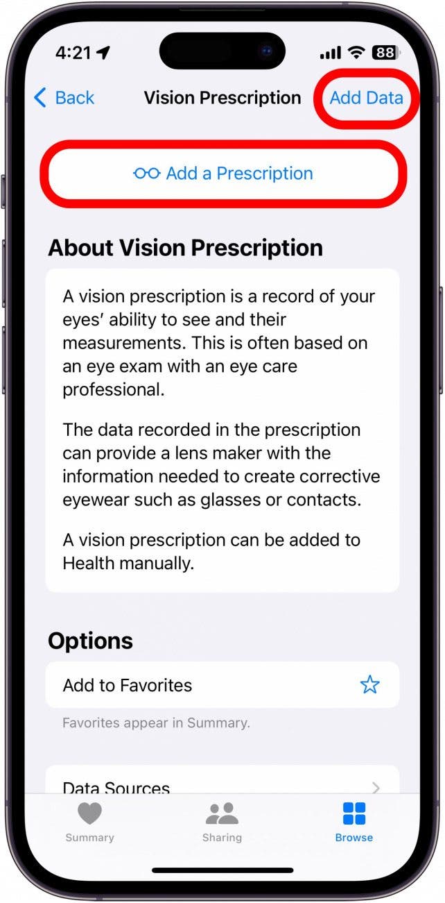 écran de prescription iphone vision avec ajouter un bouton de prescription entouré en rouge