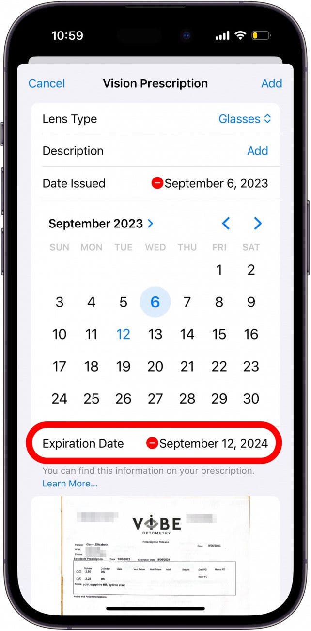 écran de prescription iphone vision avec date d'expiration entourée en rouge