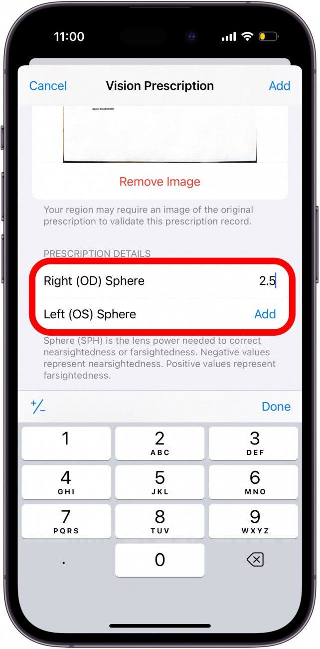 écran de prescription de vision pour iPhone avec détails des sphères droite et gauche entourés en rouge