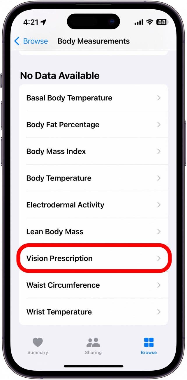 mesures corporelles de l'application de santé avec prescription de vision entourée en rouge
