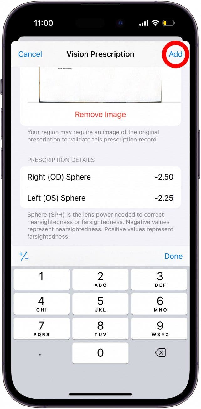 écran de prescription iphone vision avec bouton ajouter entouré en rouge