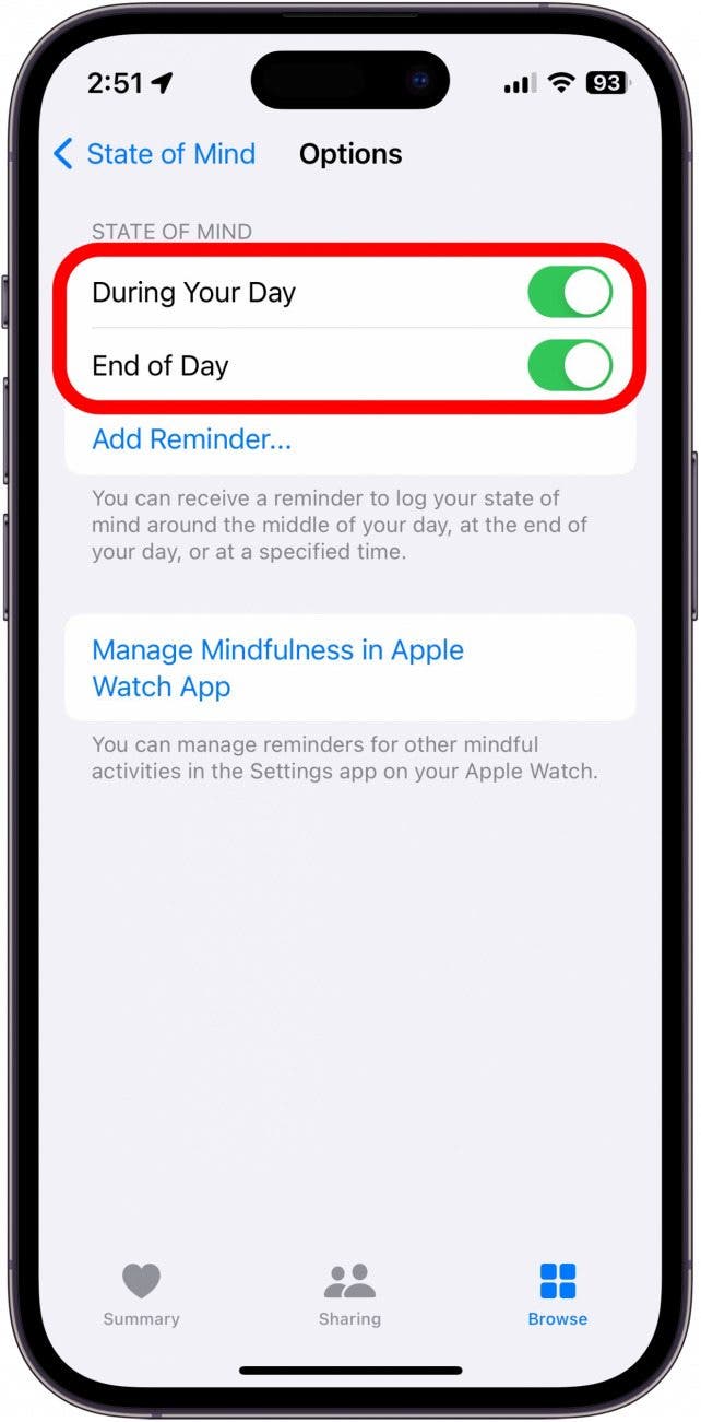 Paramètres de rappel de l'état de santé de l'iPhone avec les bascules Pendant votre journée et Fin de journée entourées en rouge