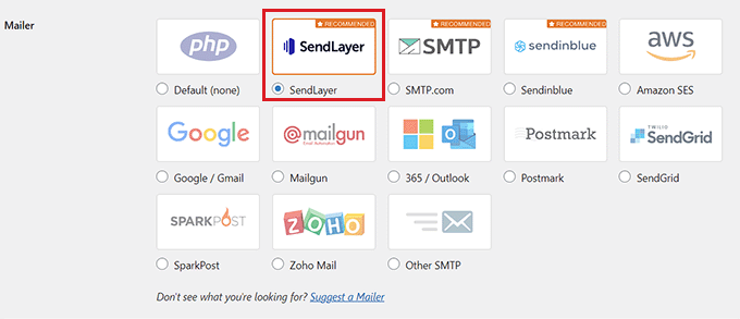 Choisissez SendLayer comme logiciel de messagerie