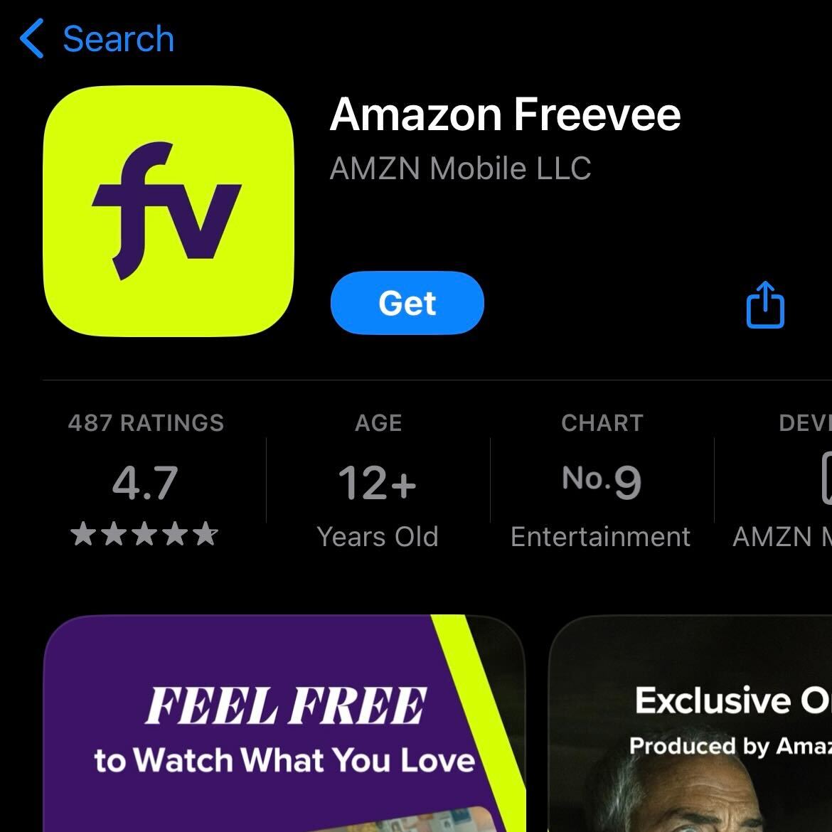 L'application Freevee sur iOS