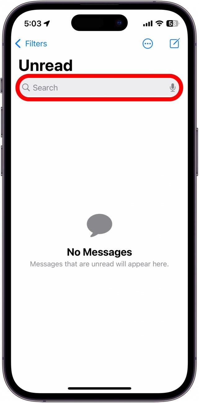 application de messages iPhone avec un cercle rouge autour de la barre de recherche