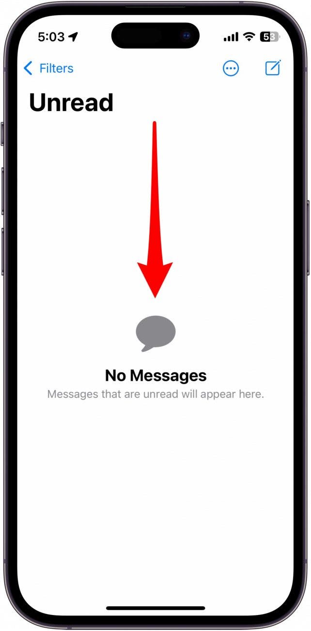 application de messages iPhone avec une flèche rouge pointant vers le bas indiquant de glisser vers le bas
