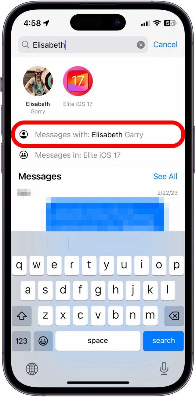 Résultats de recherche de messages iPhone avec un cercle rouge autour 