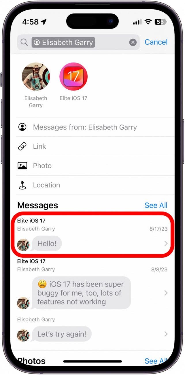 Les messages iPhone ont filtré les résultats de recherche avec un message spécifique entouré en rouge, qui se lit comme suit : 