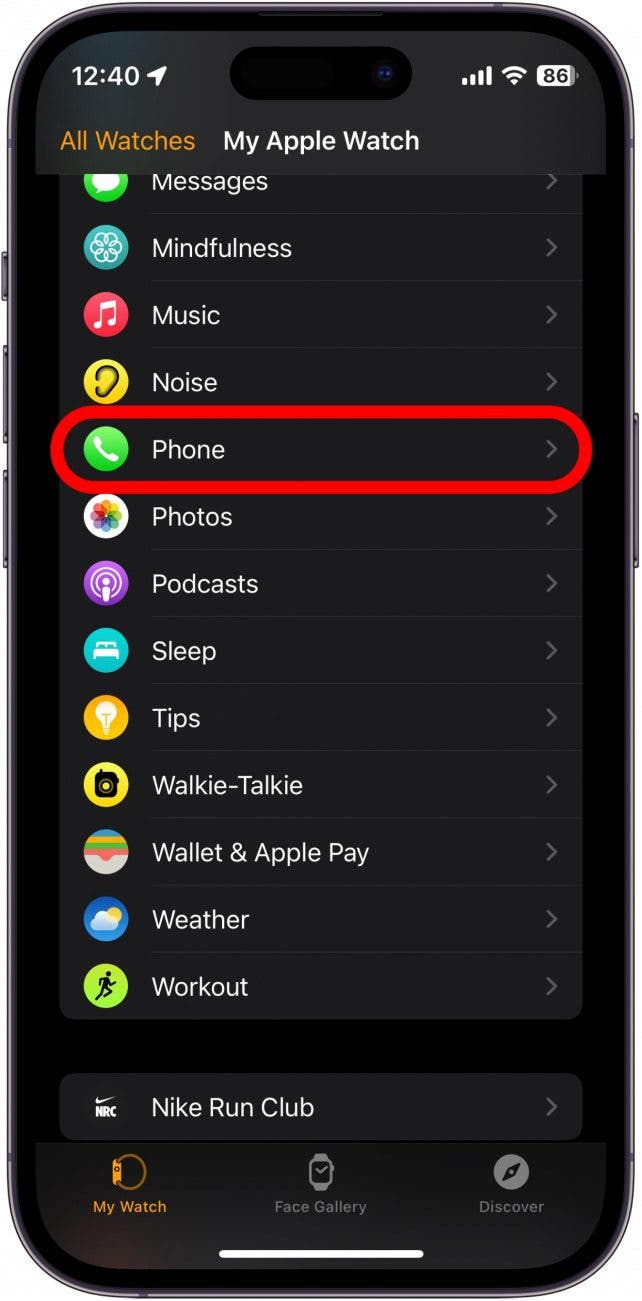 application iphone apple watch avec téléphone entouré en rouge