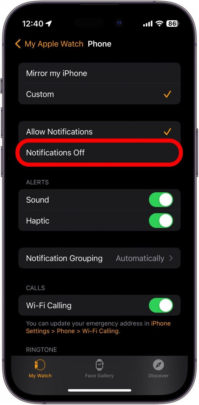 Paramètres du téléphone Apple Watch avec notifications désactivées entourées en rouge