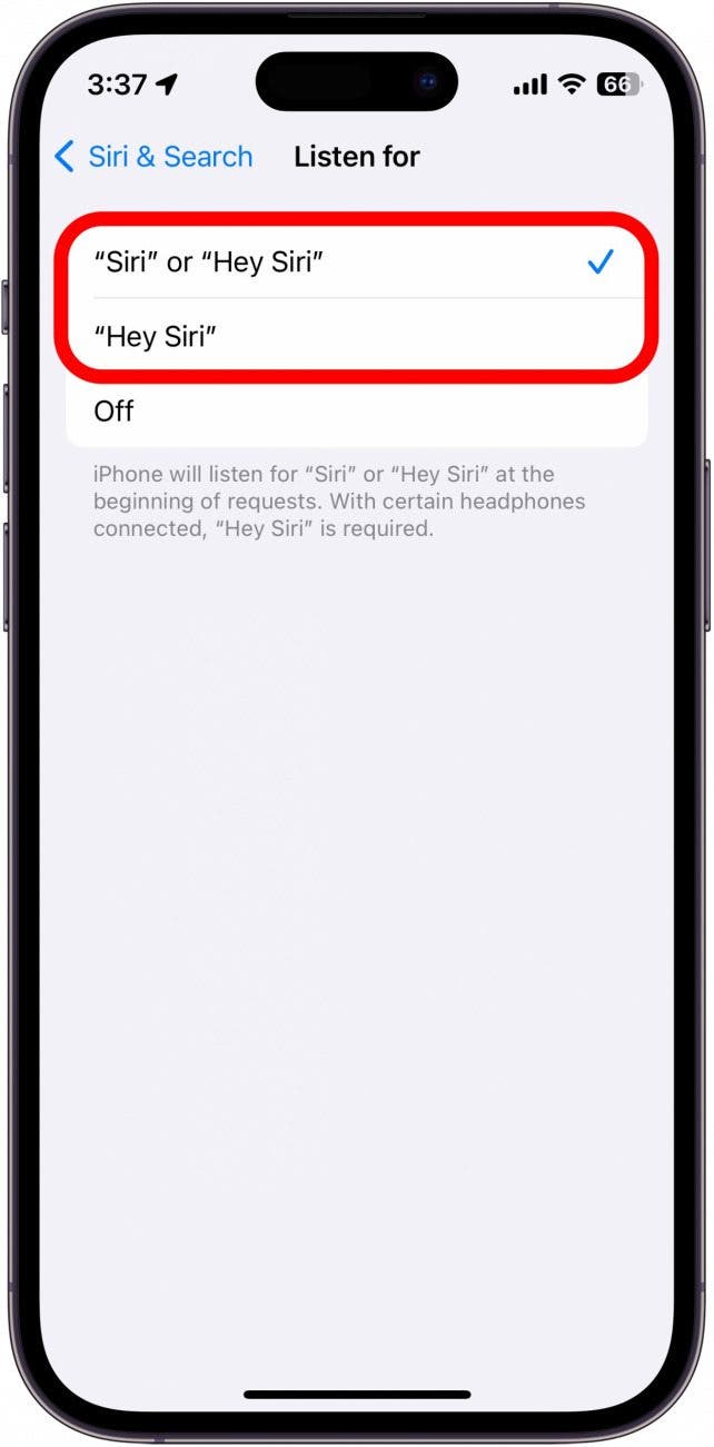 iphone siri écoutez les paramètres avec deux options entourées en rouge.  option 1 : siri ou hey siri, option 2 : hey siri