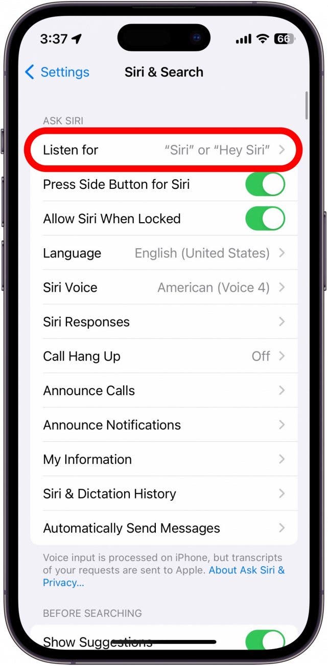 Paramètres Siri de l'iPhone avec écoute entouré en rouge