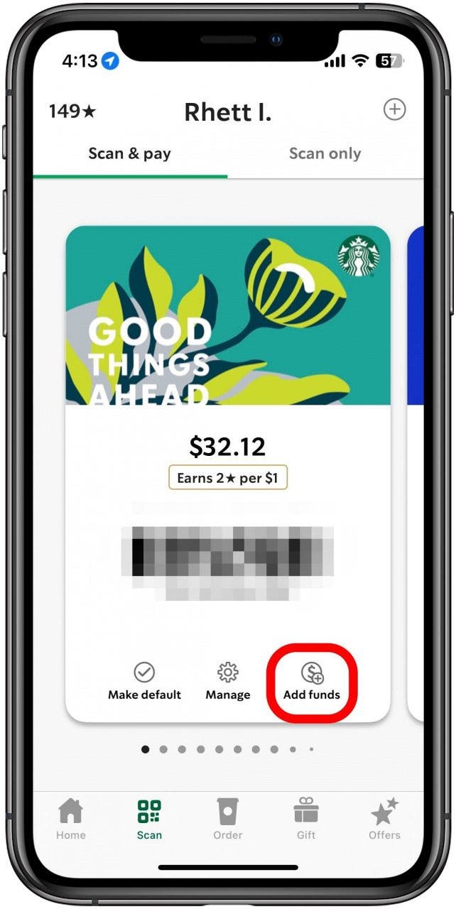 appuyez sur Ajouter des fonds pour ajouter de l'argent sur la carte Starbucks avec Apple Pay