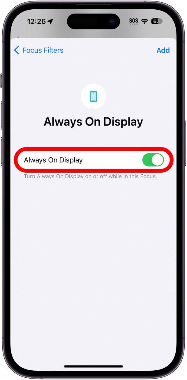 iphone toujours affiché les paramètres du filtre de mise au point avec bascule d'affichage toujours affichée entourée en rouge