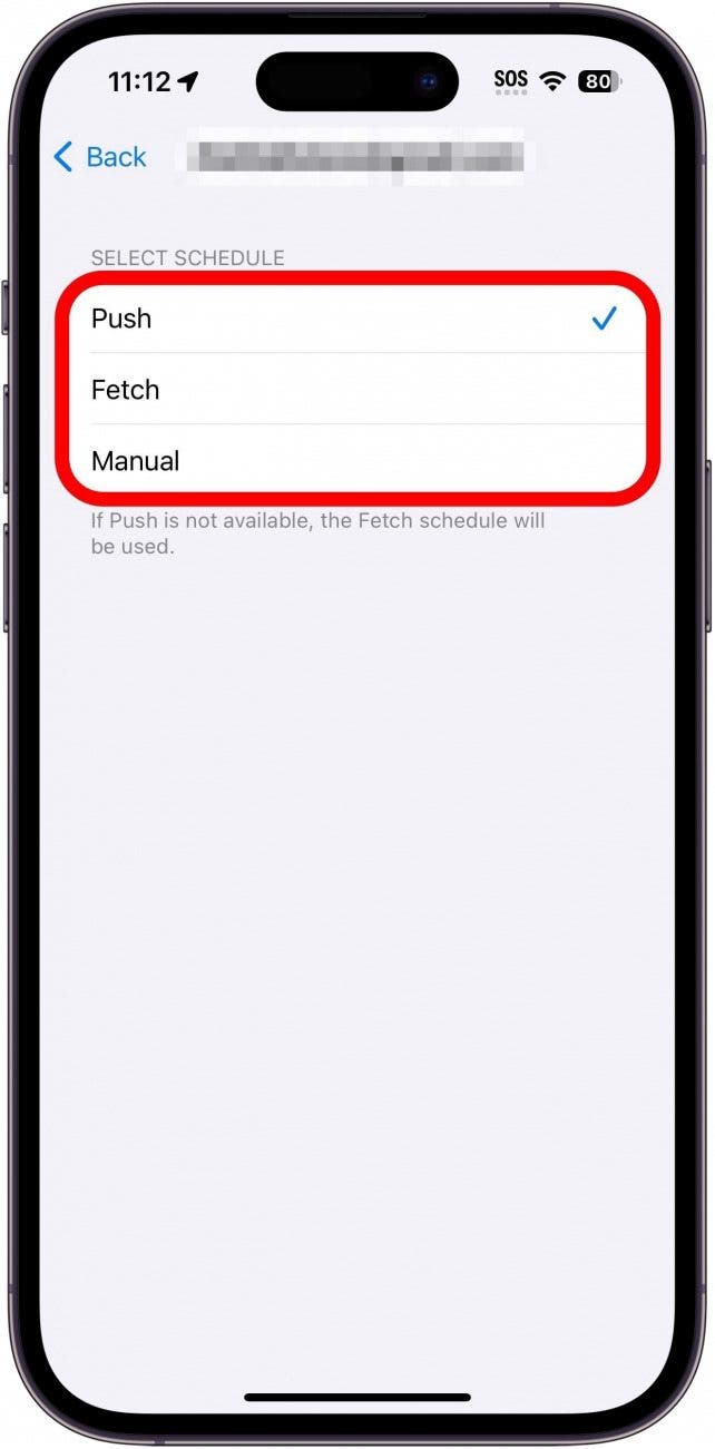 iPhone récupère les paramètres d'un compte spécifique avec les options suivantes entourées en rouge : push, fetch et manuel