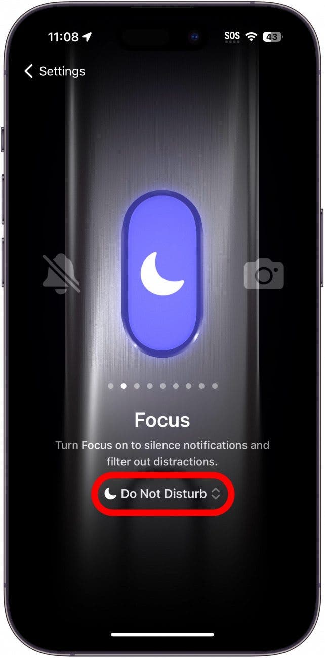 Paramètres du bouton d'action de l'iPhone affichant le paramètre Focus avec un cercle rouge autour de Ne pas déranger