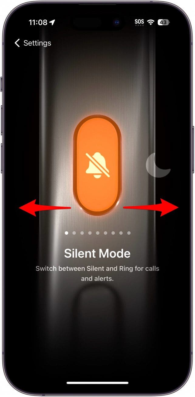 Paramètres du bouton d'action de l'iPhone affichant le paramètre du mode silencieux avec des flèches rouges pointant vers la gauche et la droite, indiquant qu'il faut glisser