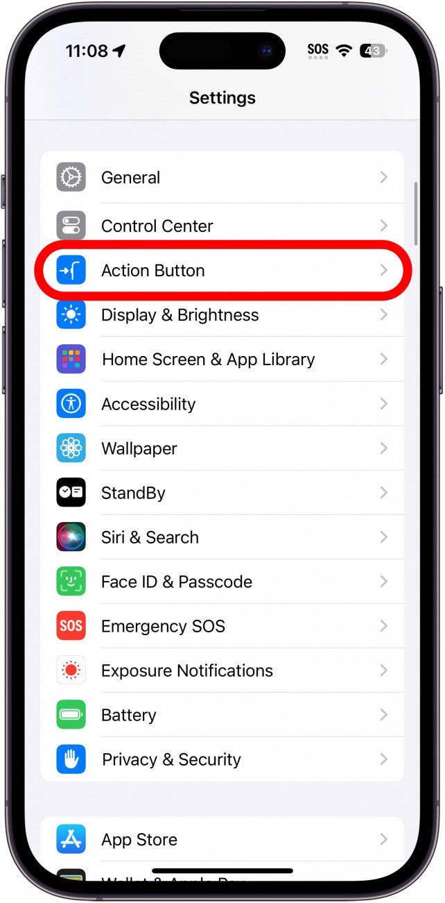 paramètres iphone avec option bouton d'action entouré en rouge