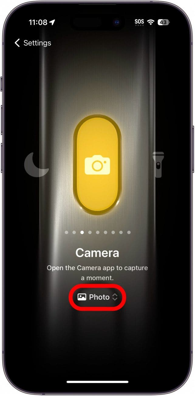 Paramètres du bouton d'action de l'iPhone affichant les paramètres de l'appareil photo avec les photos entourées en rouge