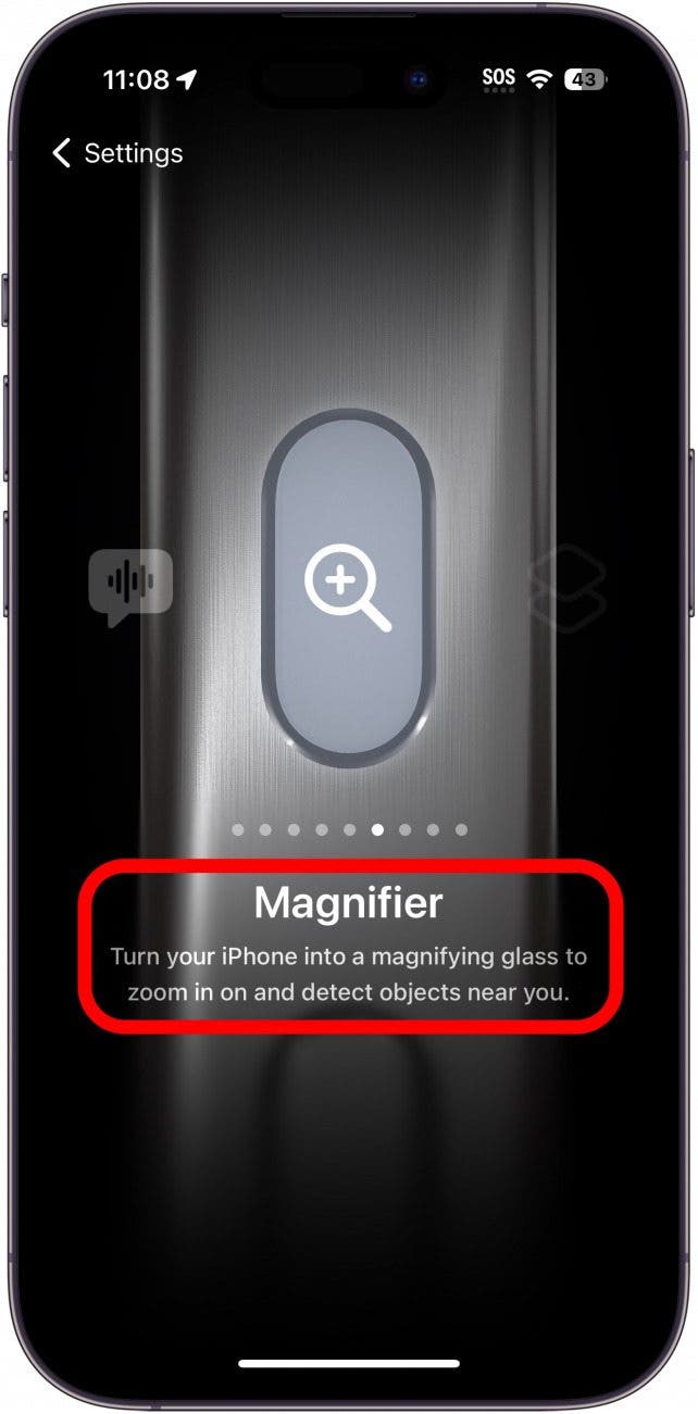 Paramètres du bouton d'action de l'iPhone affichant le réglage de la loupe avec un cercle rouge autour de la description