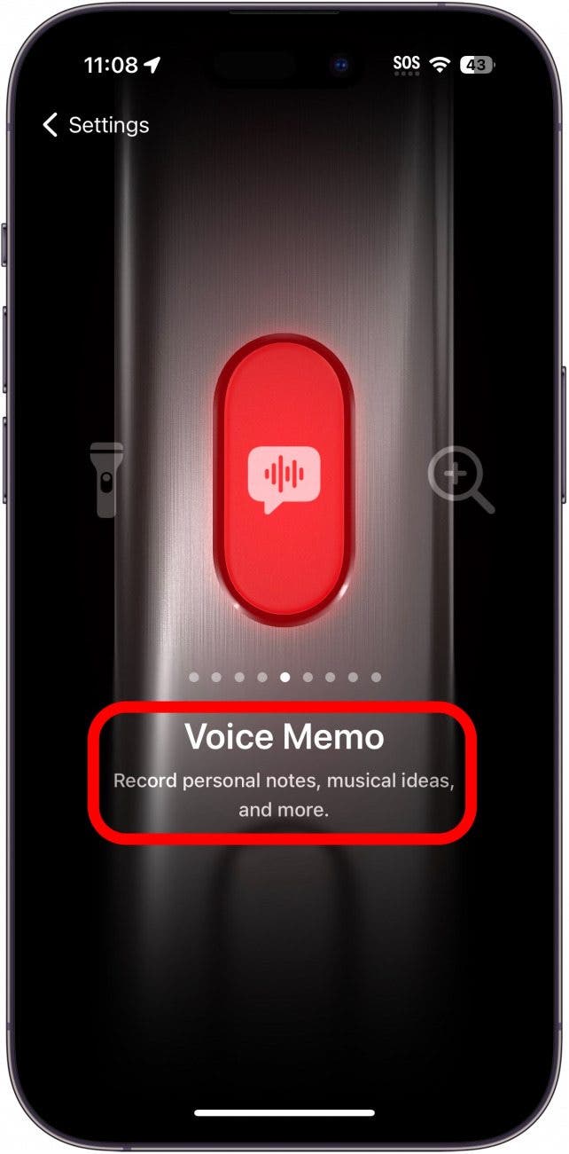 Paramètres du bouton d'action de l'iPhone affichant le paramètre de mémo vocal avec un cercle rouge autour de la description