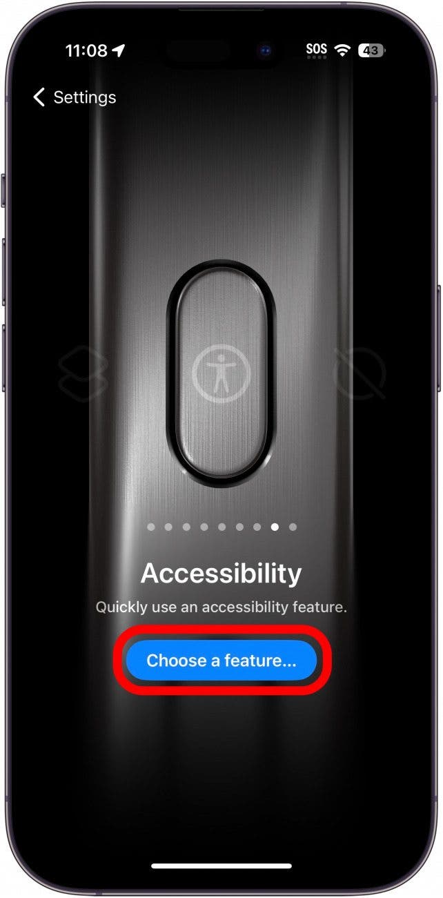 Paramètres du bouton d'action de l'iPhone affichant le paramètre d'accessibilité avec un cercle rouge autour de choisir une fonctionnalité