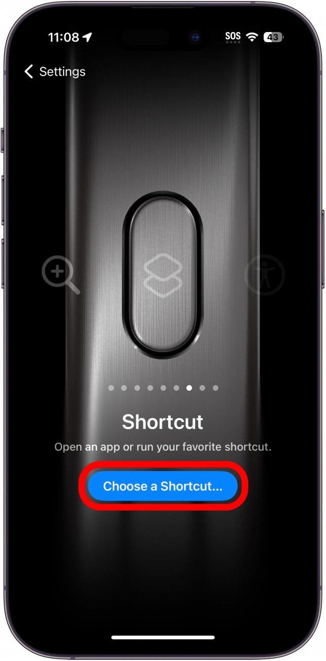 Paramètres du bouton d'action de l'iPhone affichant le paramètre de raccourci avec un cercle rouge autour de choisir un raccourci