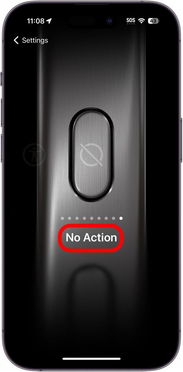 Paramètres du bouton d'action de l'iPhone affichant le paramètre d'absence d'action entouré d'un cercle rouge