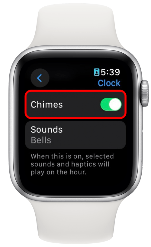 réglages de l'horloge de l'Apple Watch avec carillons à bascule entourés en rouge
