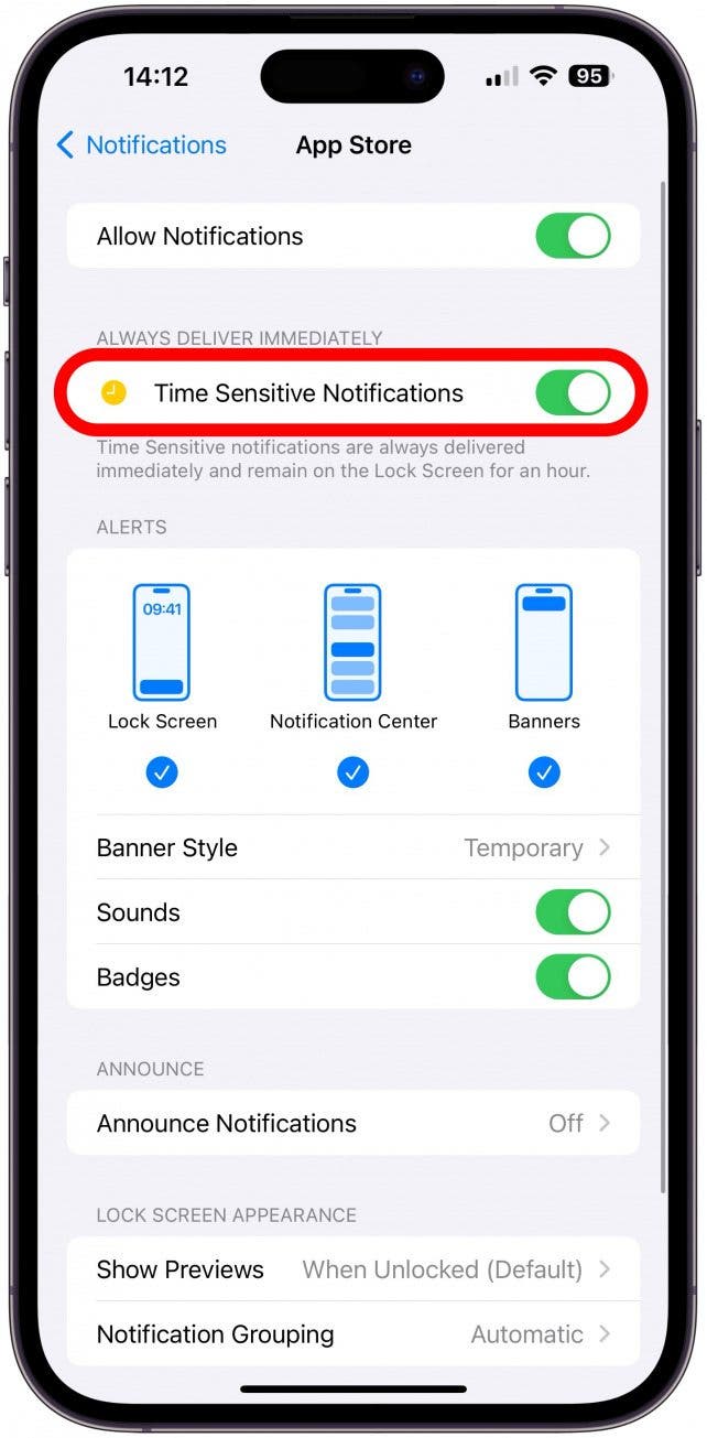 Désactivez les notifications sensibles au temps (du vert au gris.)
