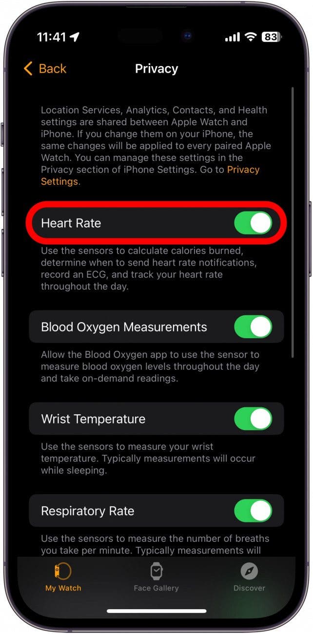 Paramètres de confidentialité de l'application Apple Watch avec bascule de fréquence cardiaque entourée en rouge