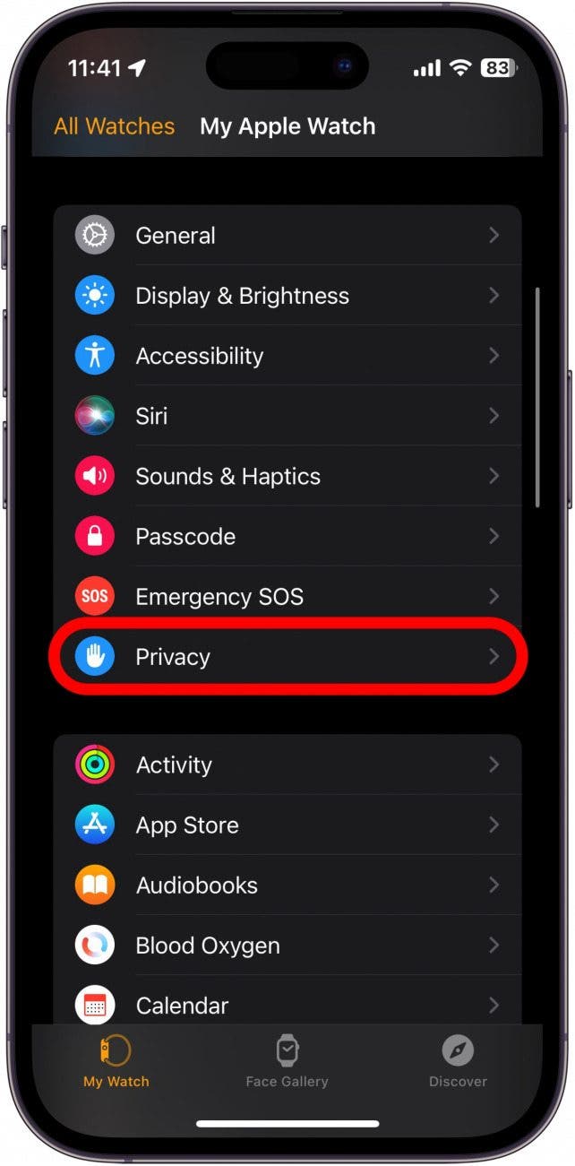 application Apple Watch avec confidentialité entourée en rouge