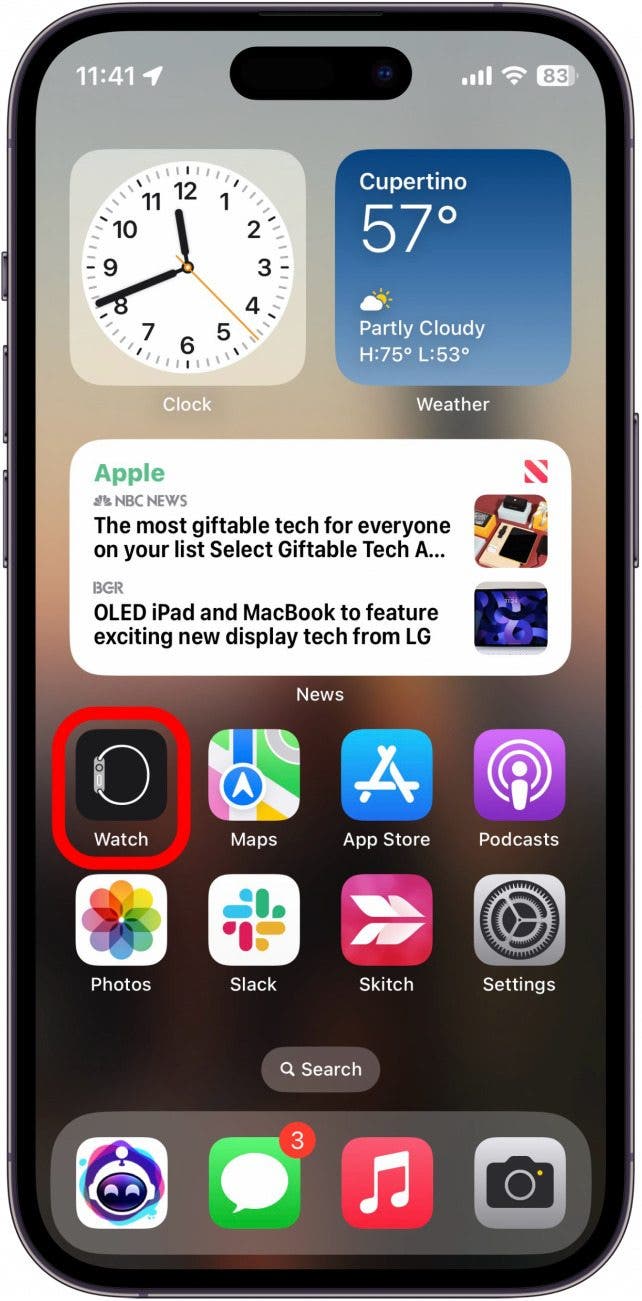écran d'accueil de l'iphone avec application montre entourée en rouge